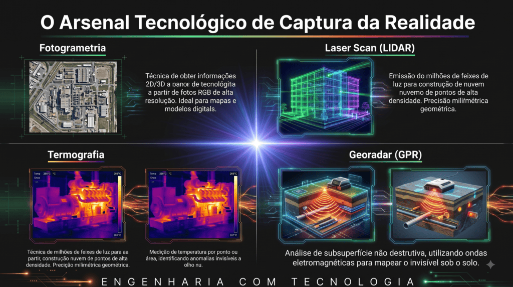 Ar, terra e subsolo. Investigação completa. Topografia Industrial Digital Geoespacial e Geotecnia. Alta precisão. Fotogrametria, Laser Scan Lidar, Termografia e Georadar.